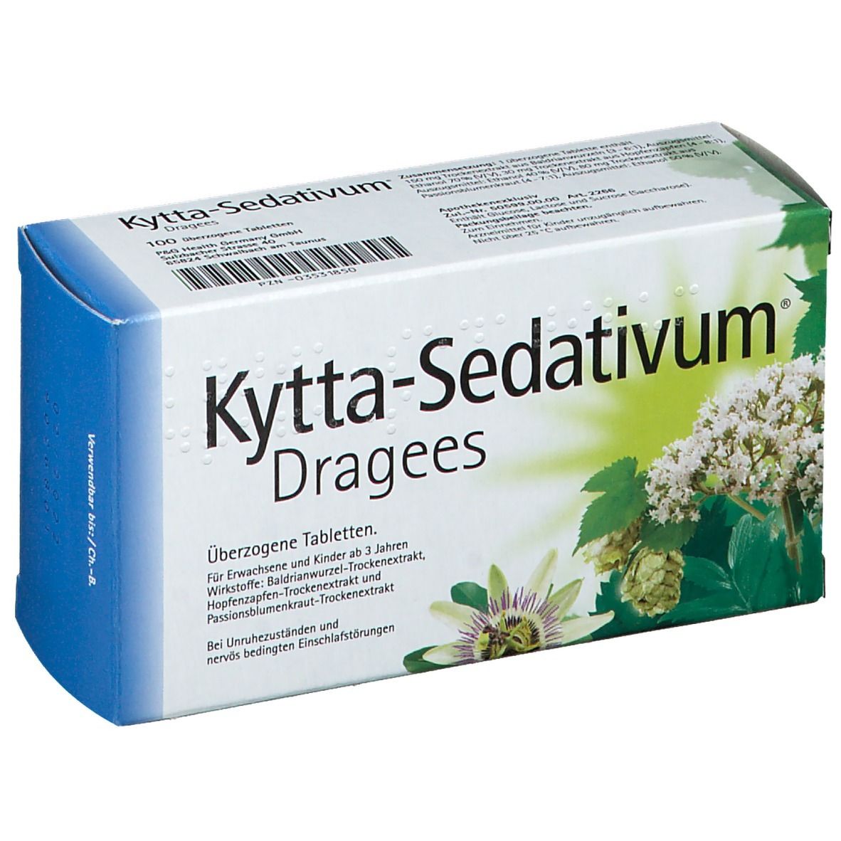 Kytta-Sedativum Dragees-Schachtel. Aufschrift: einschlaffördernd, beruhigend. Abbildung von Blüten und Blättern. 100 überzogene Tabletten.