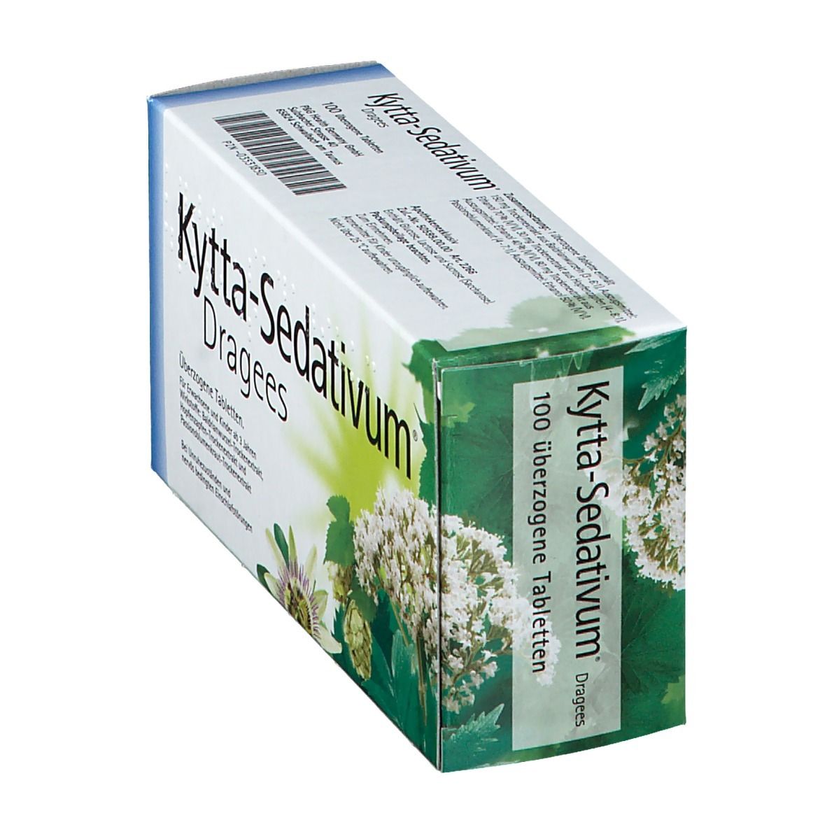 Kytta-Sedativum Dragees-Schachtel. Aufschrift: einschlaffördernd, beruhigend. Abbildung von Blüten und Blättern. 100 überzogene Tabletten.