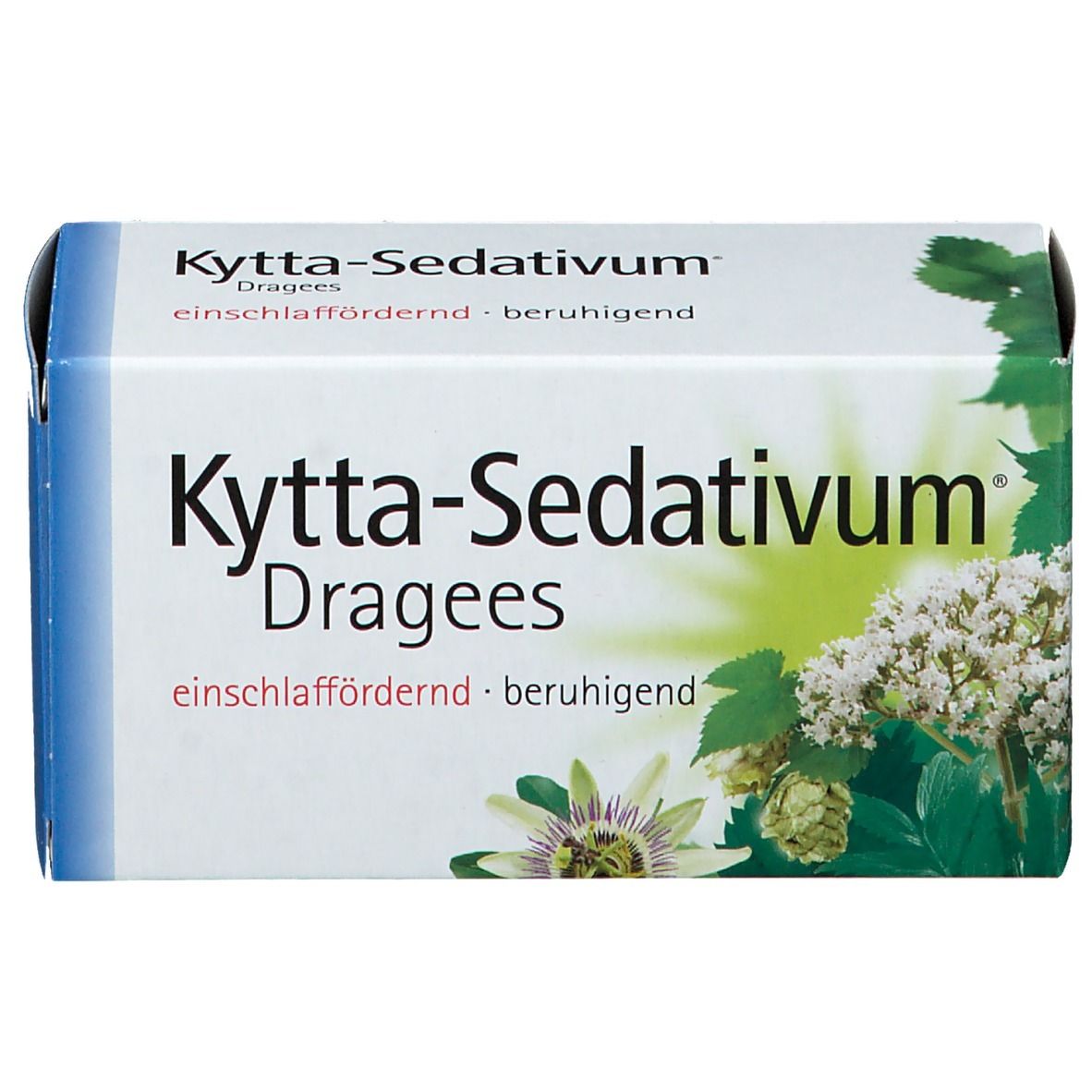 Kytta-Sedativum Dragees-Schachtel. Aufschrift: einschlaffördernd, beruhigend. Abbildung von Blüten und Blättern.