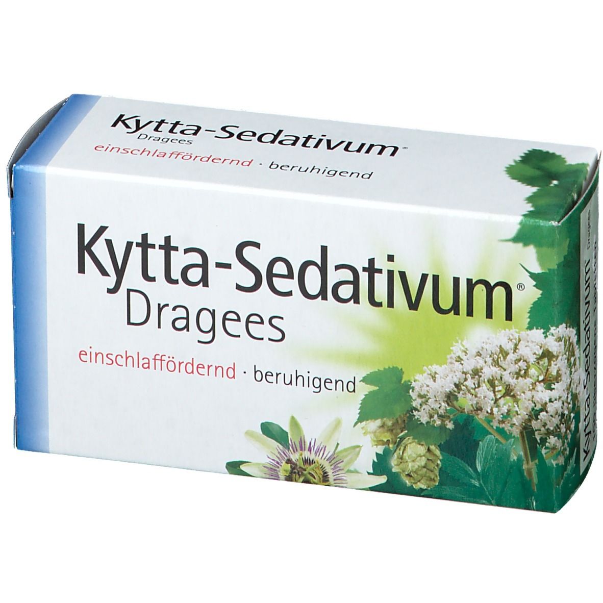 Kytta-Sedativum Dragees-Schachtel. Aufschrift: einschlaffördernd, beruhigend. Abbildung von Blüten und Blättern.