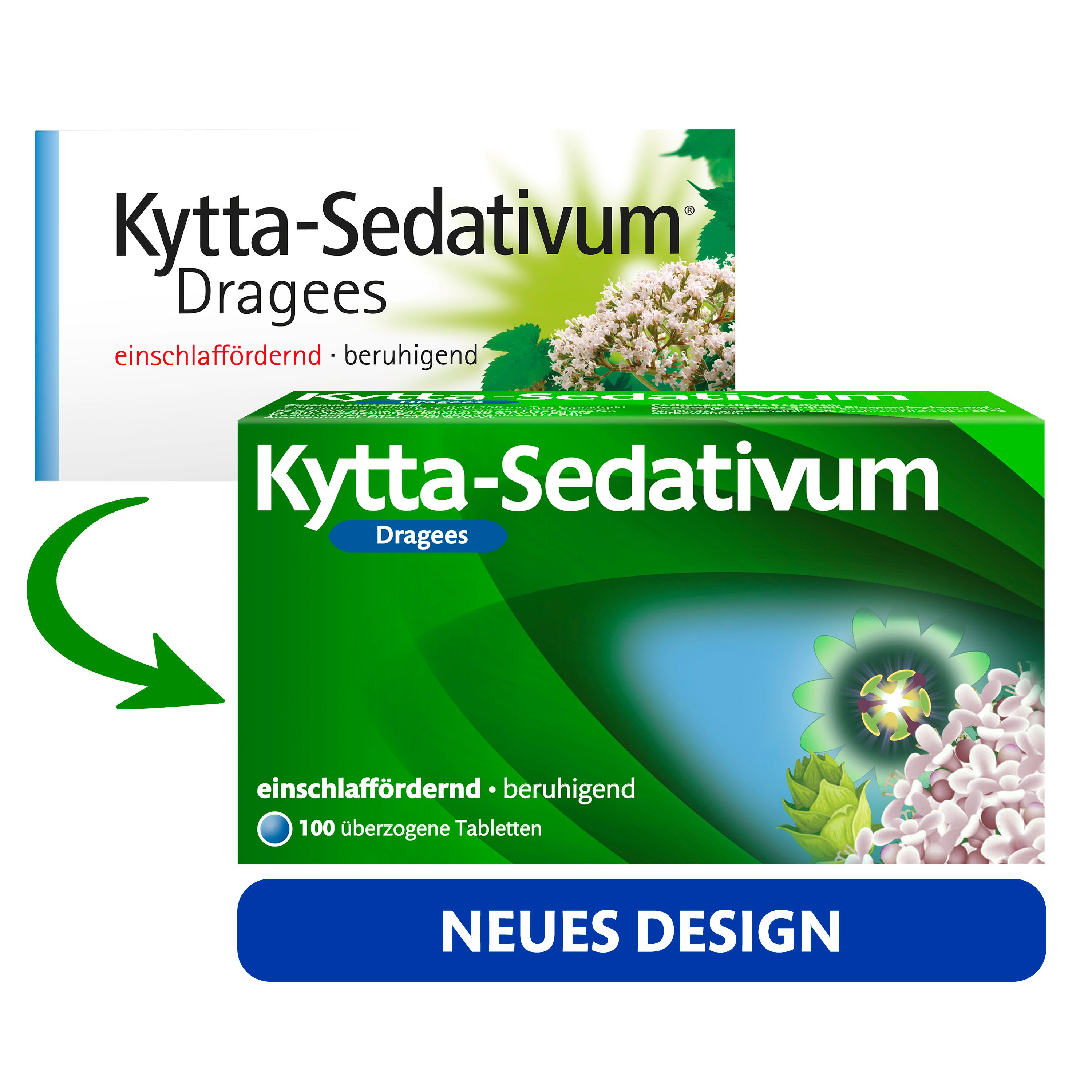 Schachtel mit Kytta-Sedativum Dragees. Grün und weiß, mit Produktnamen und floralen Elementen. Neues Design.