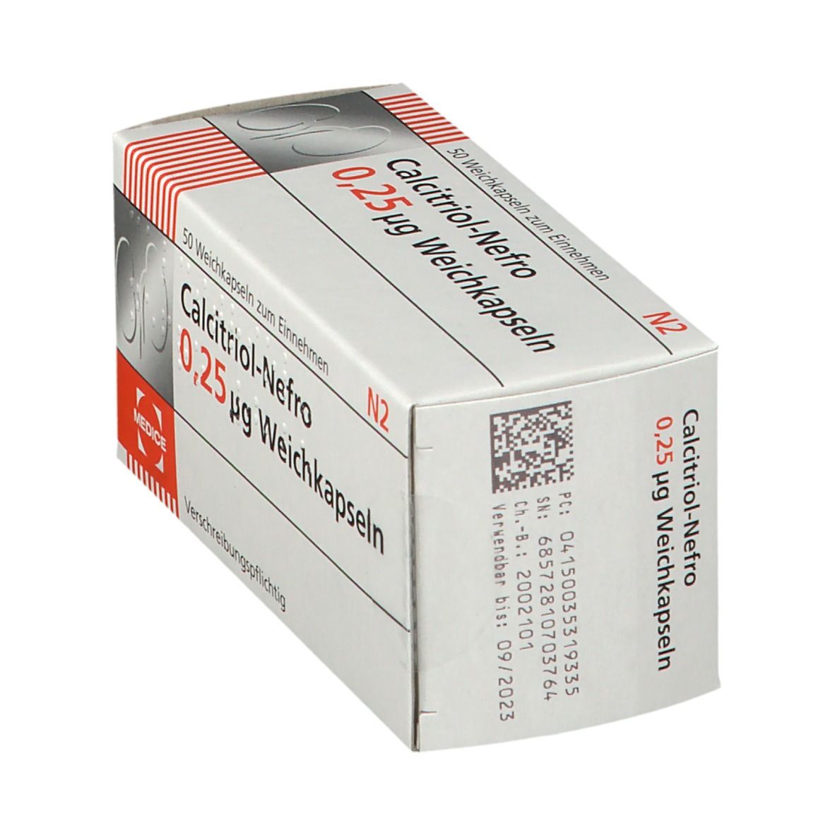 Schachtel Calcitriol-Nefro 0,25 µg Weichkapseln. Aufschrift: 50 Weichkapseln, MEDICE. Barcode und Verfallsdatum.
