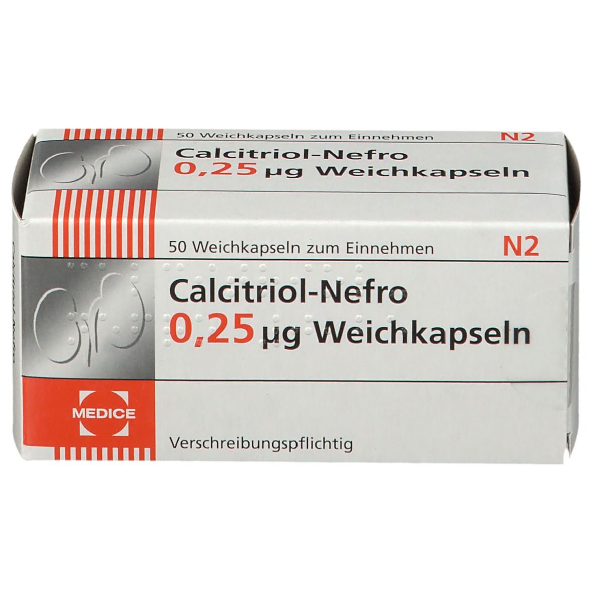 Schachtel Calcitriol-Nefro 0,25 µg Weichkapseln. Aufschrift: 50 Weichkapseln, MEDICE. Rote und weiße Streifen.