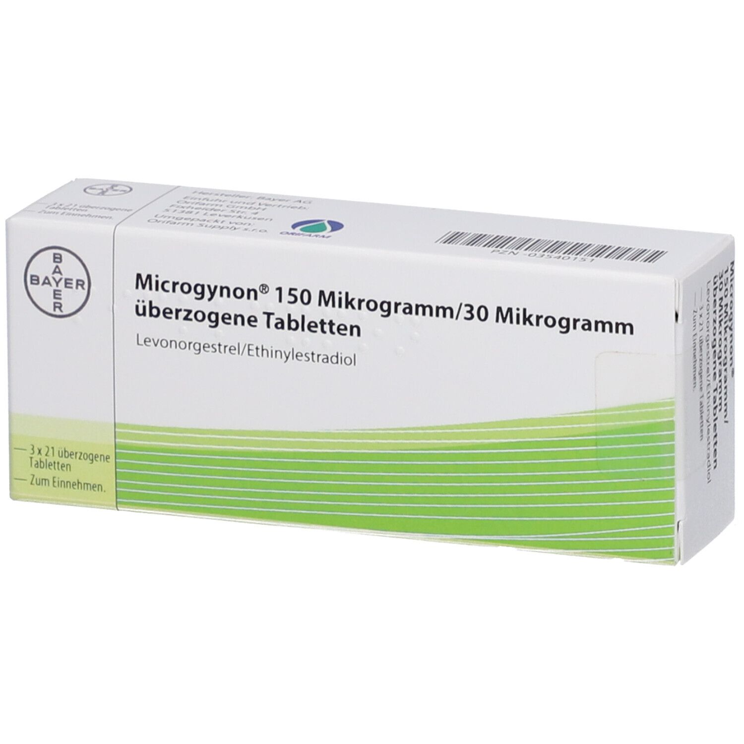 Weiße Schachtel mit grünem Design. Aufschrift: Microgynon 150 Mikrogramm/30 Mikrogramm überzogene Tabletten. Bayer-Logo.