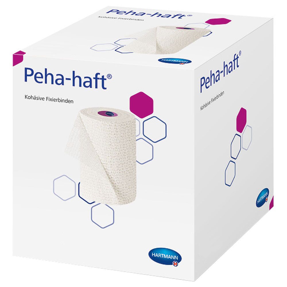 Weiße Peha-haft Fixierbinde in Verpackung. Rolle teilweise sichtbar. Hartmann Logo. Hexagon-Design.