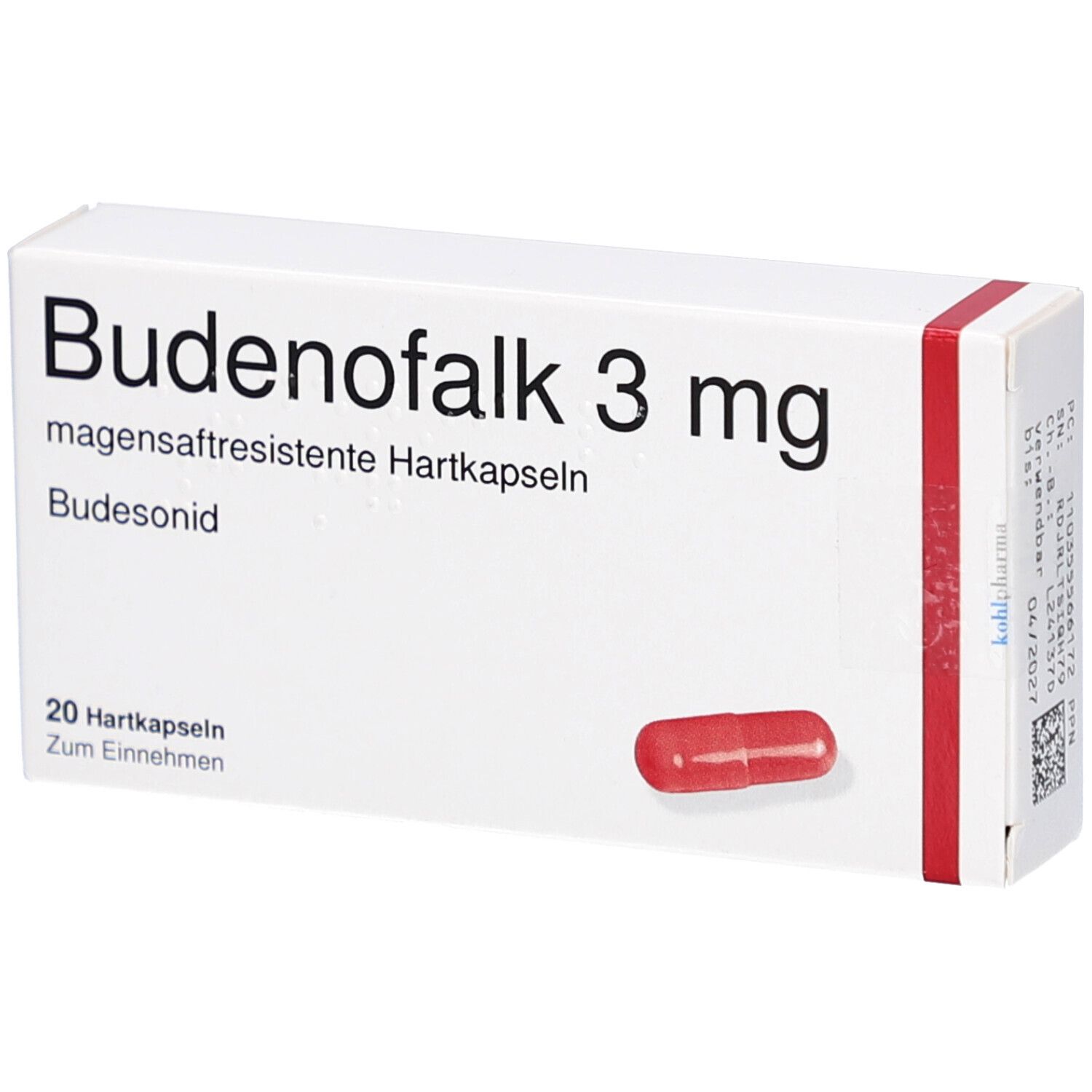Weiße Schachtel mit roter Schrift: Budenofalk 3 mg. Enthält 20 magensaftresistente Hartkapseln. Eine rote Kapsel ist abgebildet.