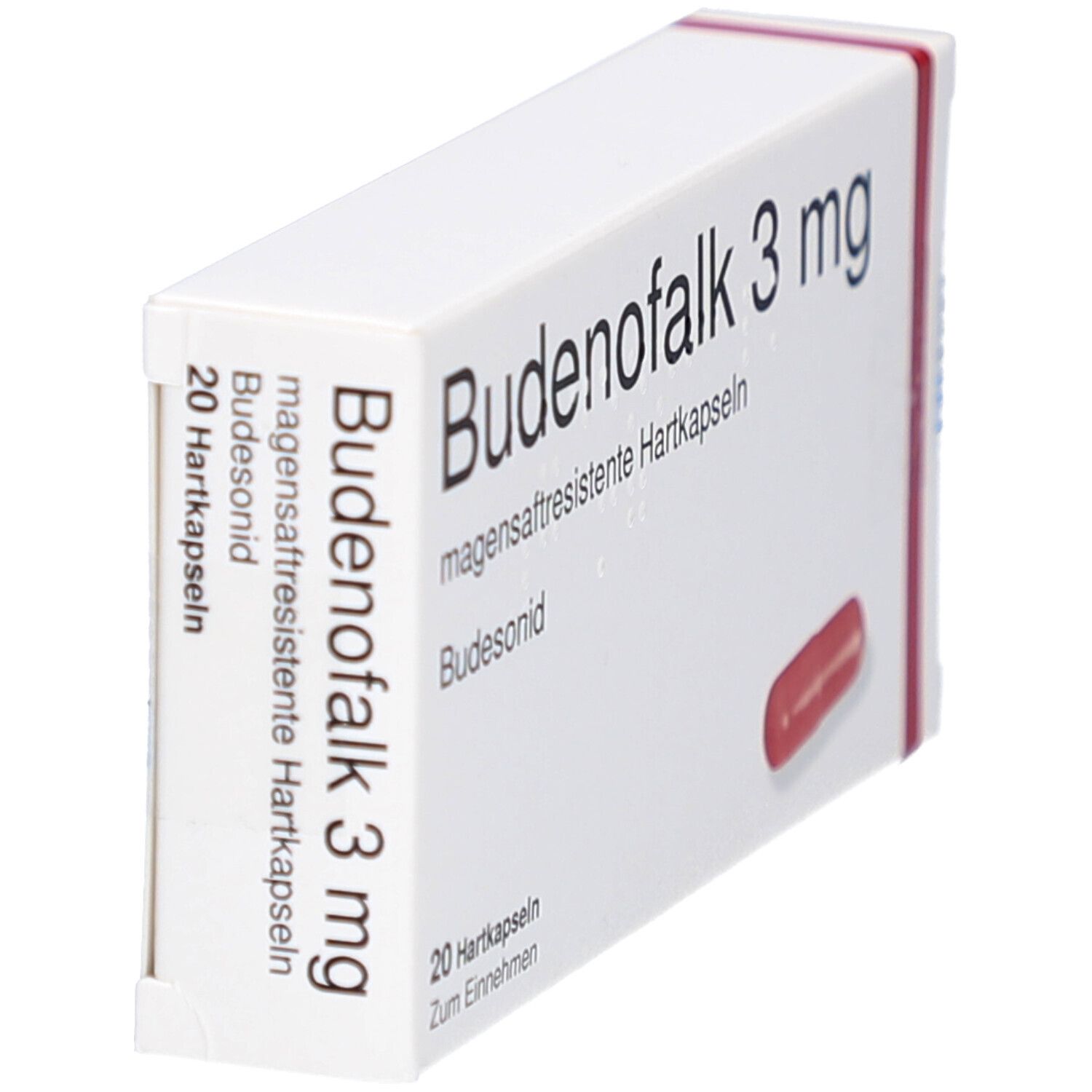 Weiße Schachtel, Budenofalk 3 mg, 20 Hartkapseln. Rote Kapsel abgebildet. Text auf der Seite.
