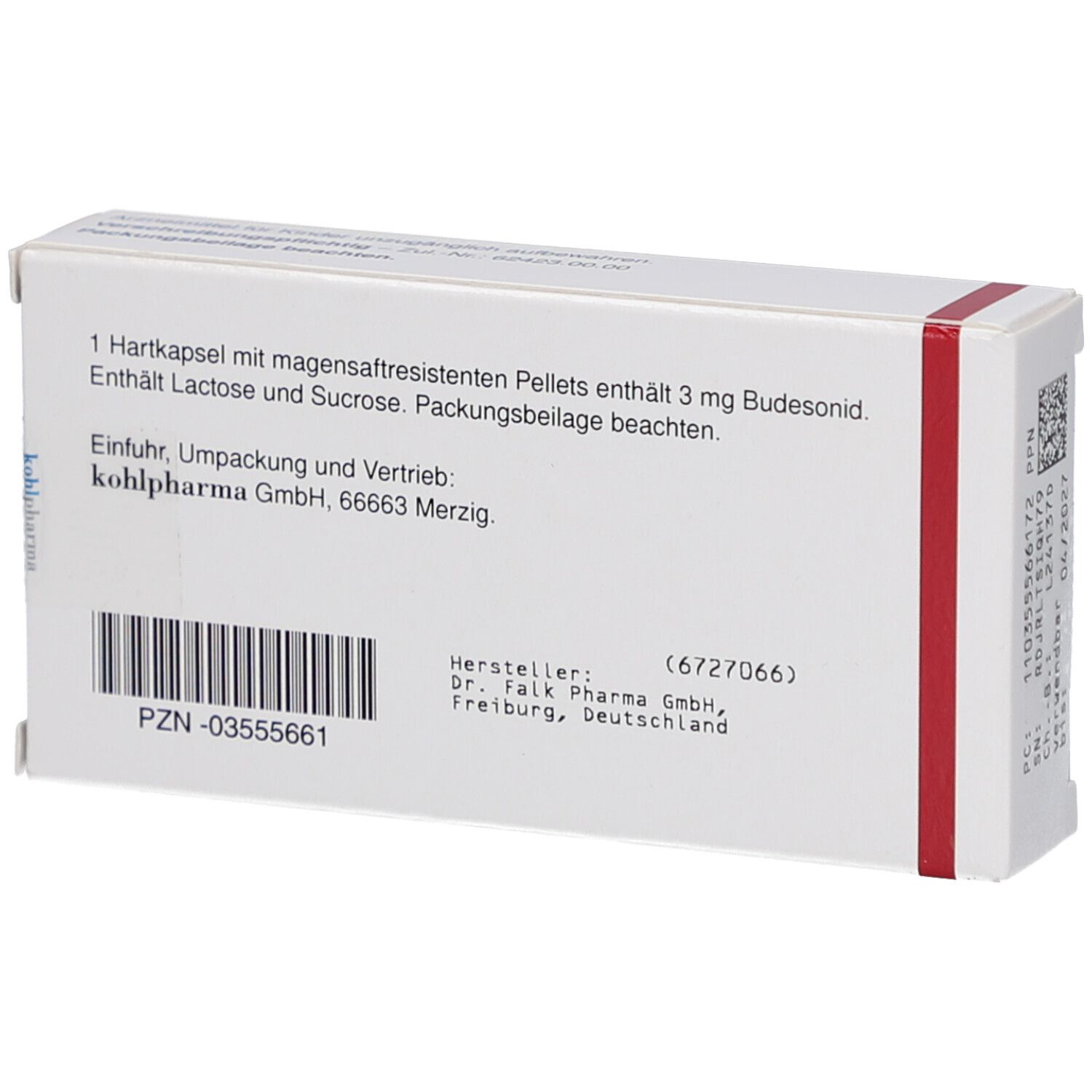 Rückseite der weißen Schachtel. Text: 1 Hartkapsel enthält 3 mg Budesonid. Hersteller: Dr. Falk Pharma GmbH.