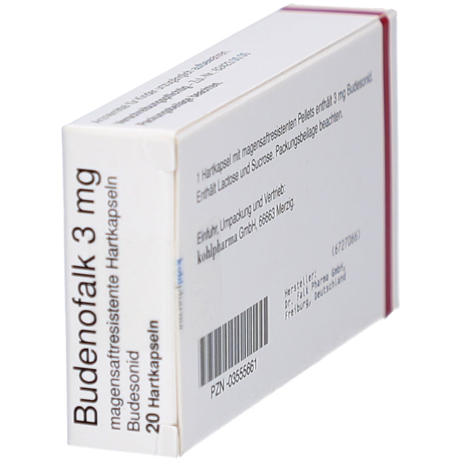 Weiße Schachtel, Budenofalk 3 mg, 20 Hartkapseln. Rückseite mit Text: 1 Hartkapsel enthält 3 mg Budesonid.