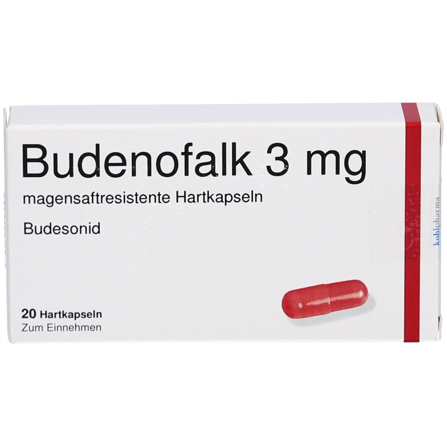 Weiße Schachtel mit roter Schrift: Budenofalk 3 mg. Enthält 20 Hartkapseln. Eine rote Kapsel ist abgebildet.