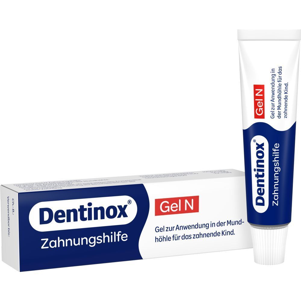 Dentinox®-Gel N Zahnungshilfe. Tube und Schachtel. Blaue Tube, weiße Schrift. Rote Schrift auf weißem Grund.