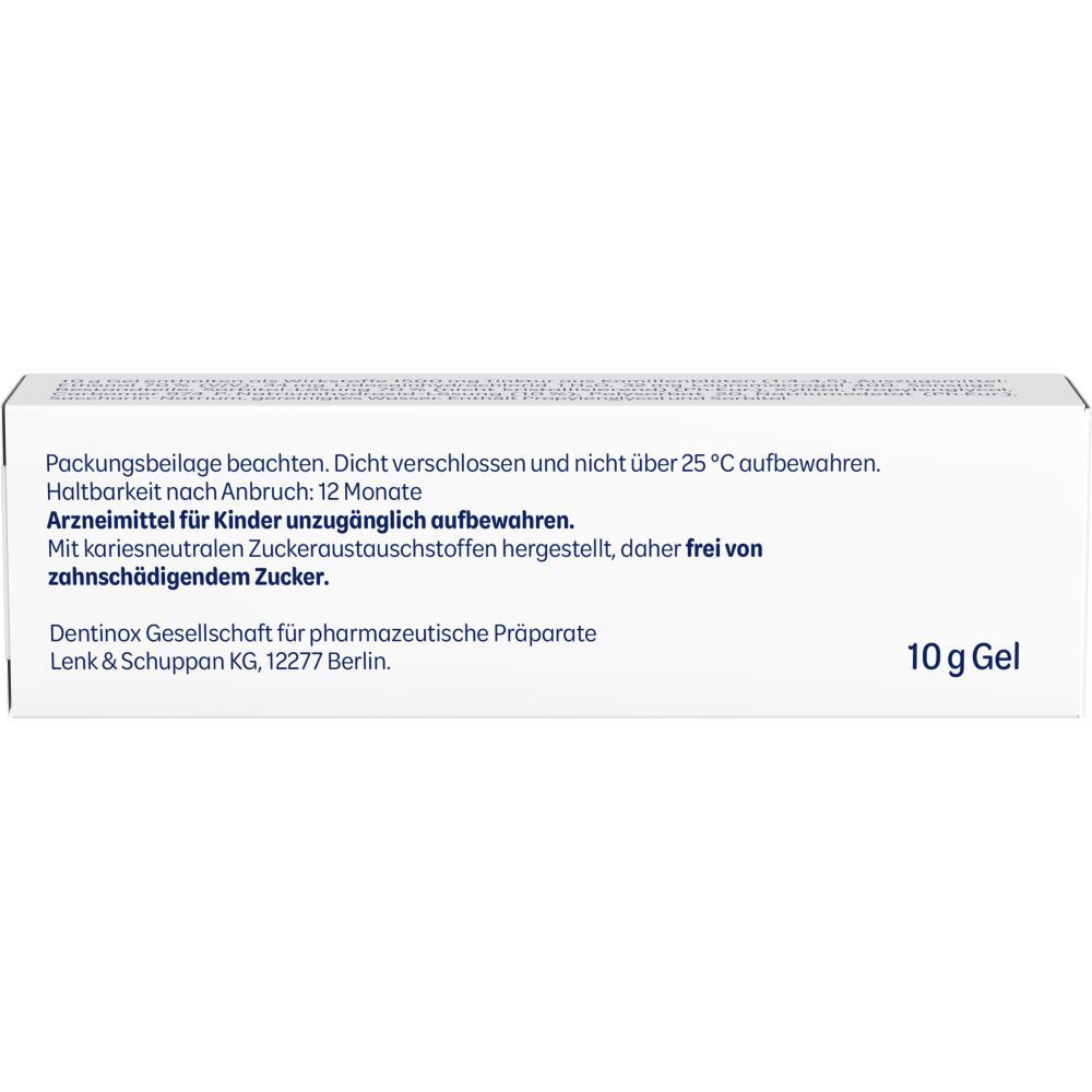 Schachtel von Dentinox®-Gel N Zahnungshilfe. Text auf der Rückseite. 10 g Gel.