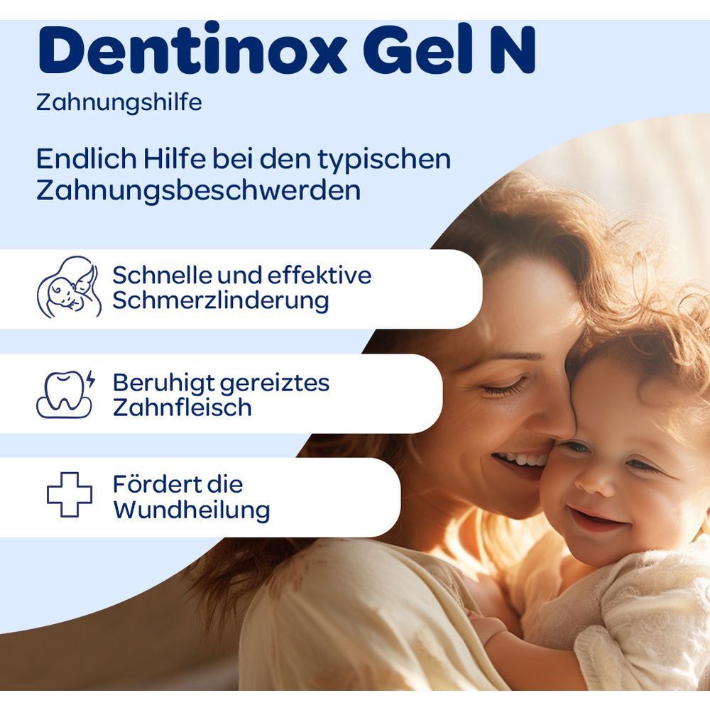 Dentinox®-Gel N Zahnungshilfe. Mutter und Kind. Text über Schmerzlinderung, Zahnfleischberuhigung und Wundheilung.