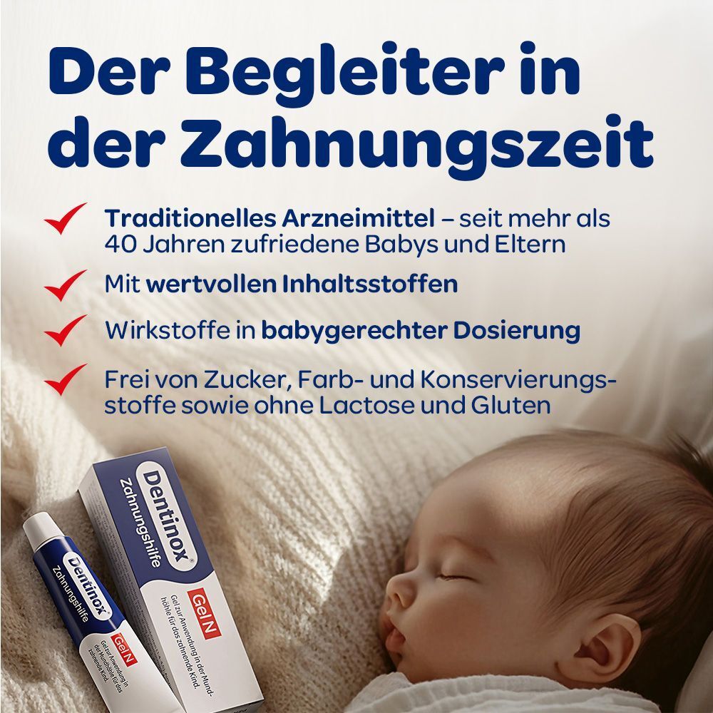Dentinox®-Gel N Zahnungshilfe. Baby schläft. Text über traditionelles Arzneimittel, Inhaltsstoffe und Dosierung.