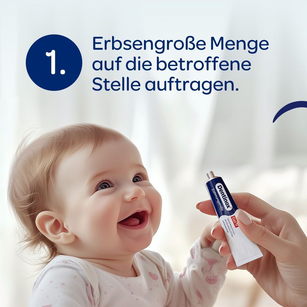 Dentinox®-Gel N Zahnungshilfe. Baby und Mutter. Auftragen einer erbsengroßen Menge.