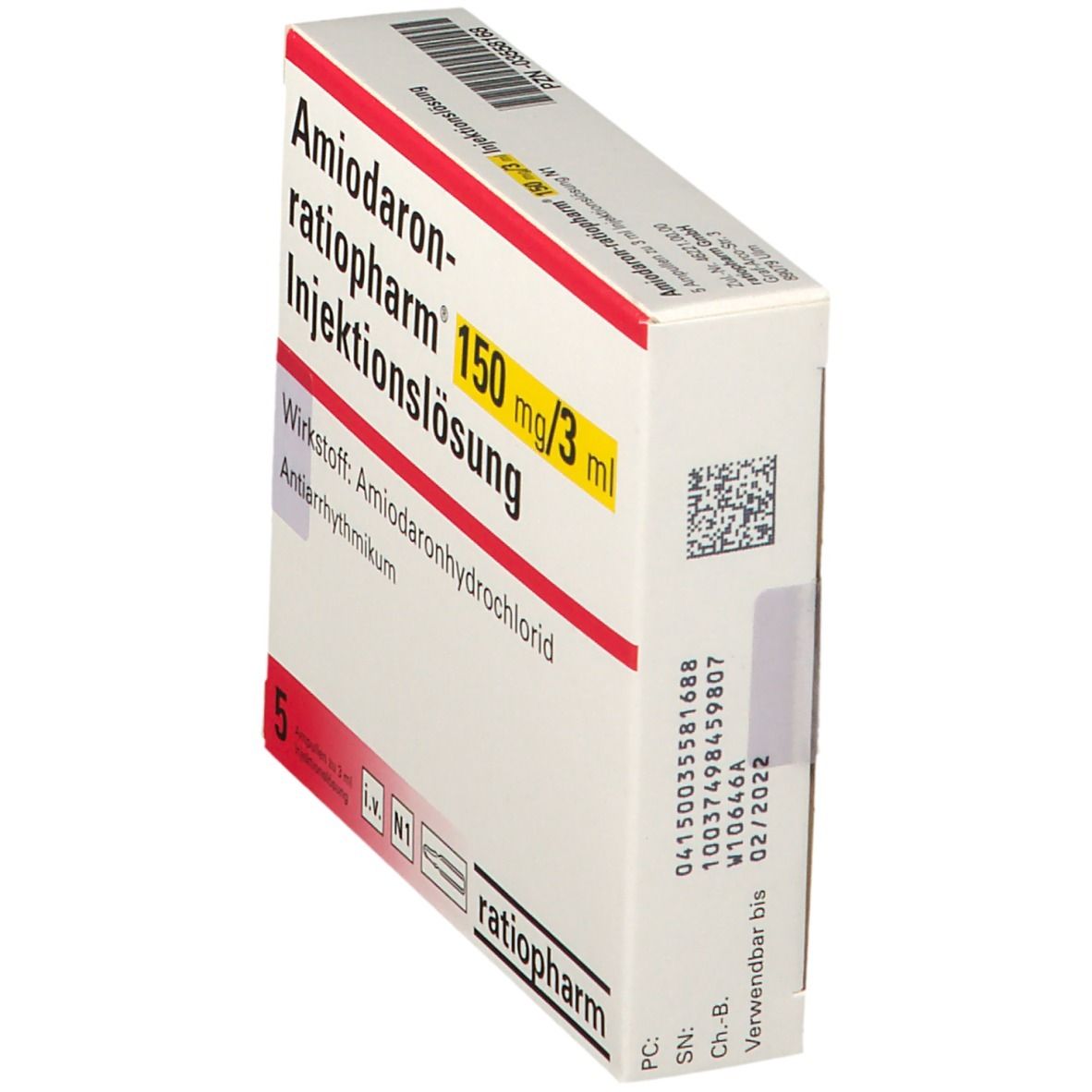Rückseite der Packung Amiodaron-ratiopharm® 150 mg/3 ml Injektionslösung mit Chargennummer.