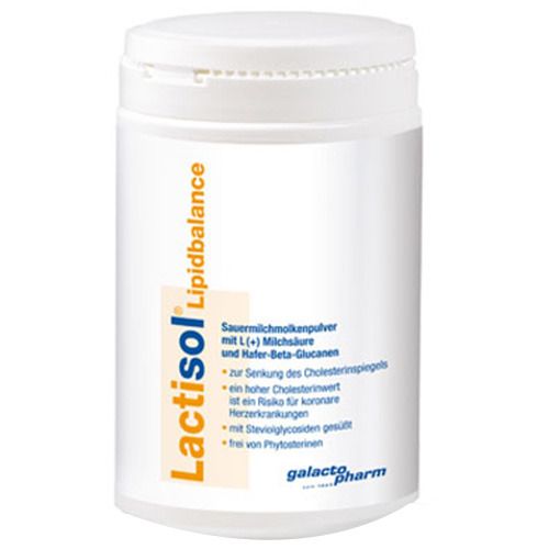 Weißes, zylindrisches Lactisol® Lipidbalance-Behältnis mit Deckel. Aufschrift: Lactisol, Lipidbalance. Text: Sauermilchmolkenpulver, etc. galacto pharm Logo.
