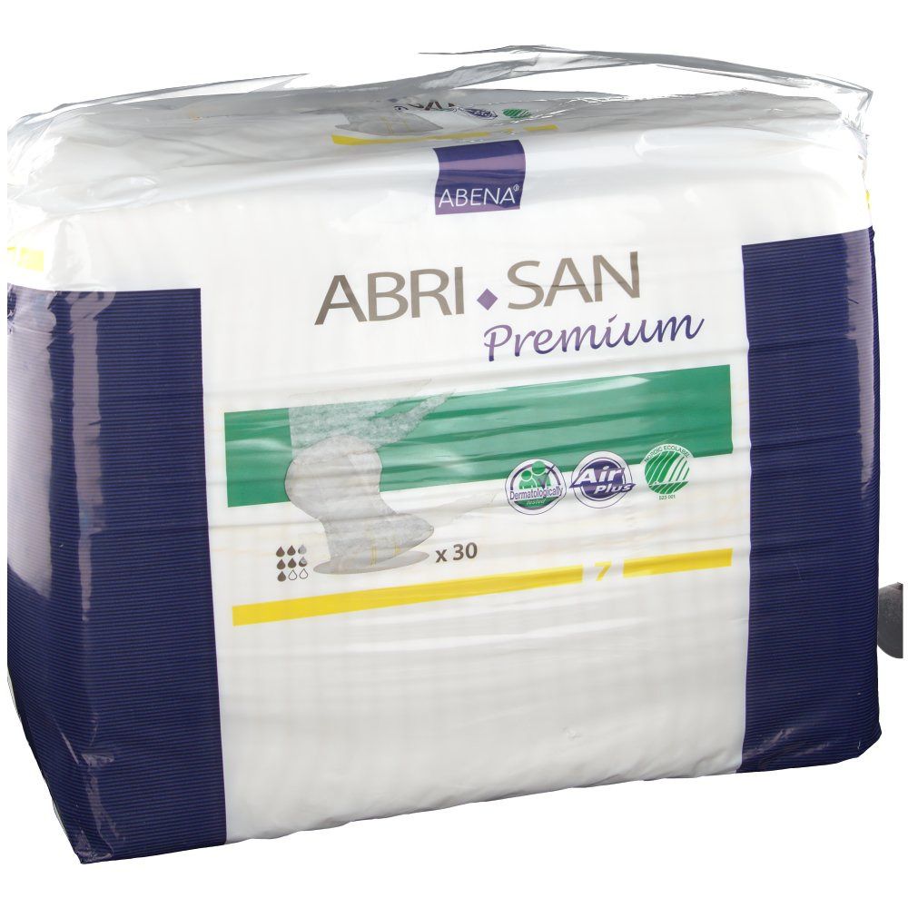 Verpackung mit ABRI-SAN Premium. Blau-weiße Verpackung mit Produktname, Abbildung und Logo. Enthält 30 Stück.