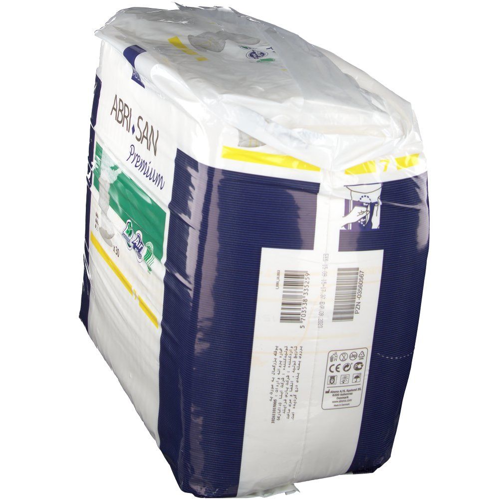 Verpackung ABRI-SAN Premium. Rückseite der Verpackung mit Produktinformationen, Barcode und Logos.