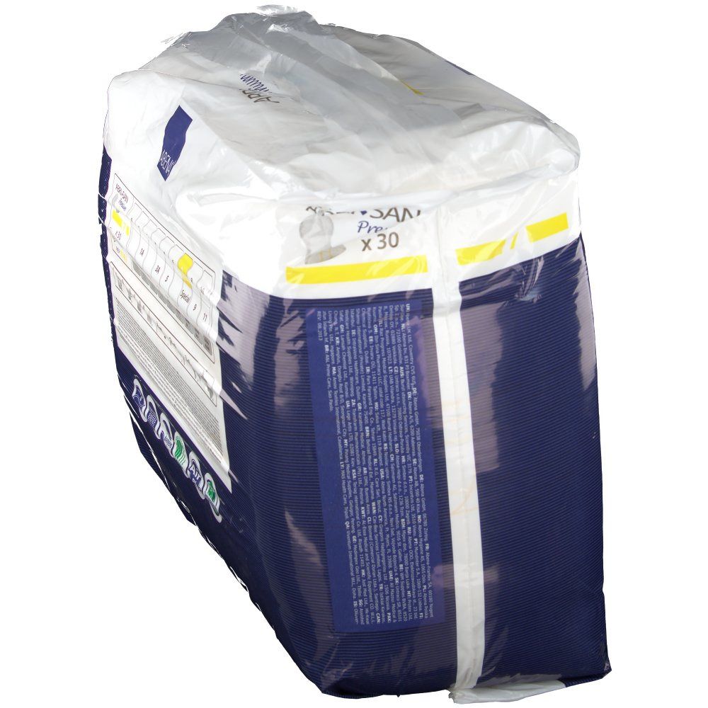 Verpackung ABRI-SAN Premium. Schrägansicht der Verpackung mit Produktinformationen und Logos.