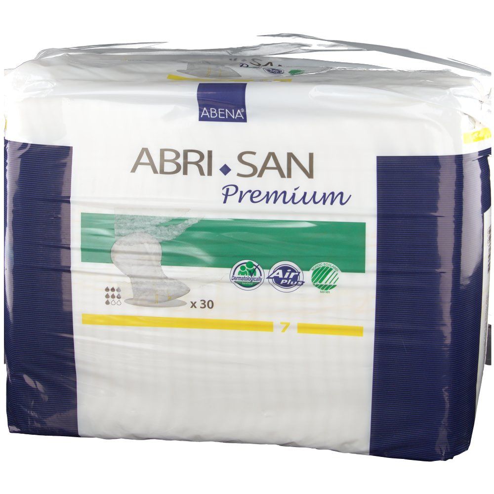 Verpackung ABRI-SAN Premium. Blau-weiße Verpackung mit Produktname, Abbildung und Logo. Größe 7, x 30.