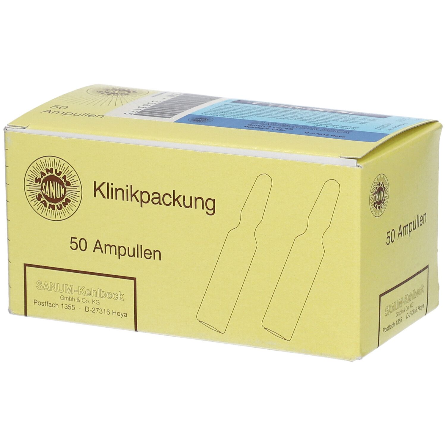 Gelbe Schachtel mit Aufschrift 'Klinikpackung' und '50 Ampullen'. Logo und Ampullen-Illustrationen.