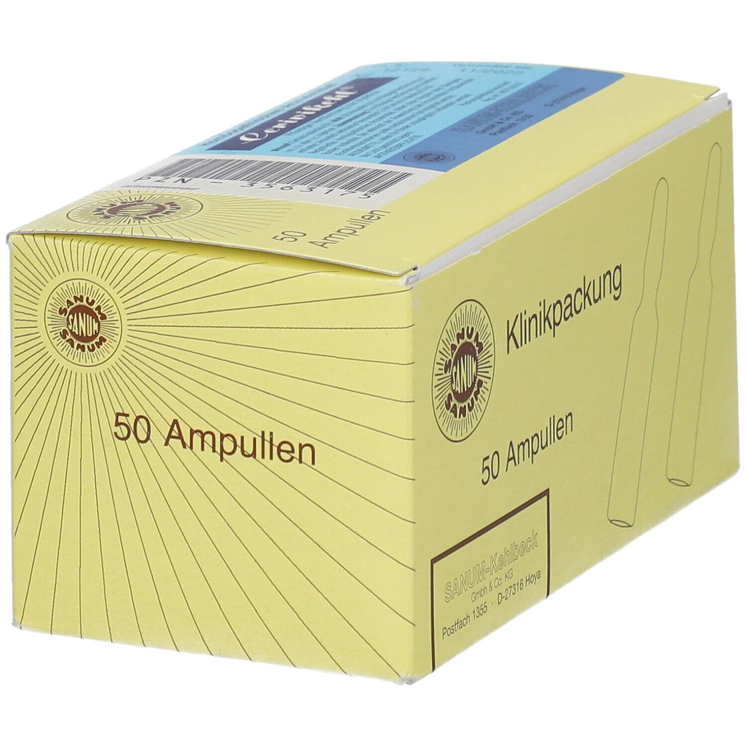 Gelbe Schachtel mit Aufschrift 'Klinikpackung' und '50 Ampullen'. Logo und Ampullen-Illustrationen.
