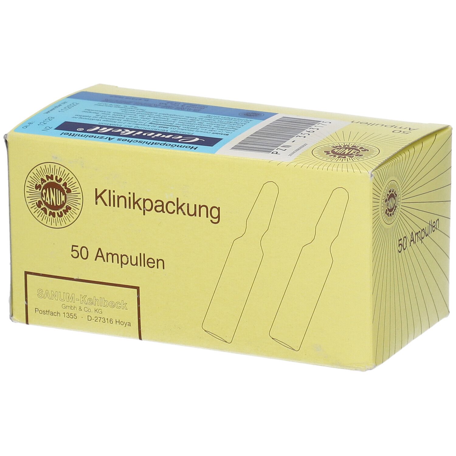Gelbe Schachtel mit Aufschrift 'Klinikpackung' und '50 Ampullen'. Logo und Ampullen-Illustrationen.