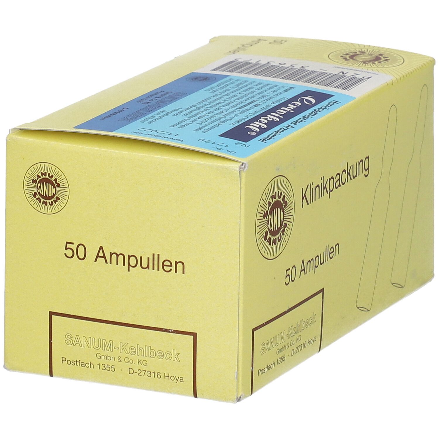 Gelbe Schachtel mit Aufschrift 'Klinikpackung' und '50 Ampullen'. Logo und Ampullen-Illustrationen.