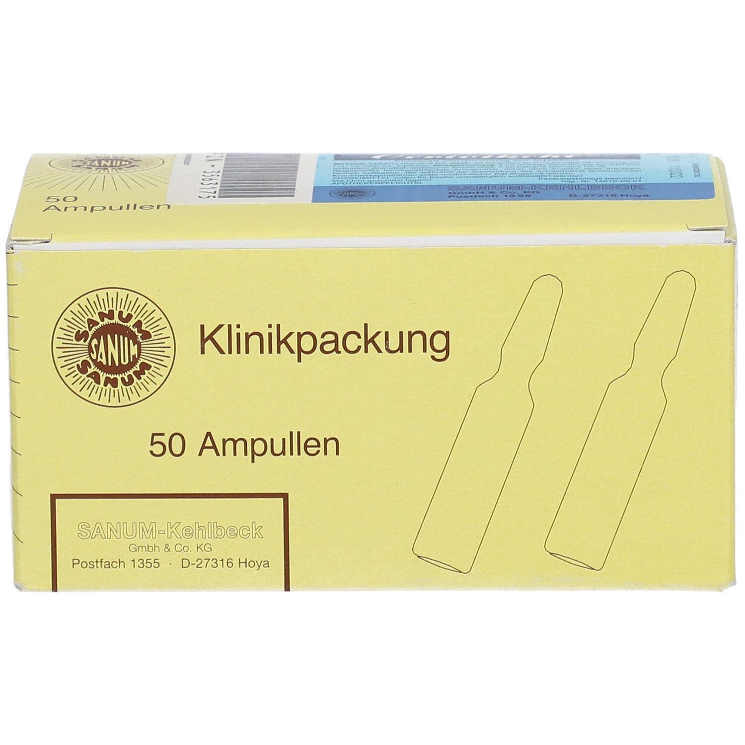 Gelbe Schachtel mit Aufschrift 'Klinikpackung' und '50 Ampullen'. Logo und Ampullen-Illustrationen.