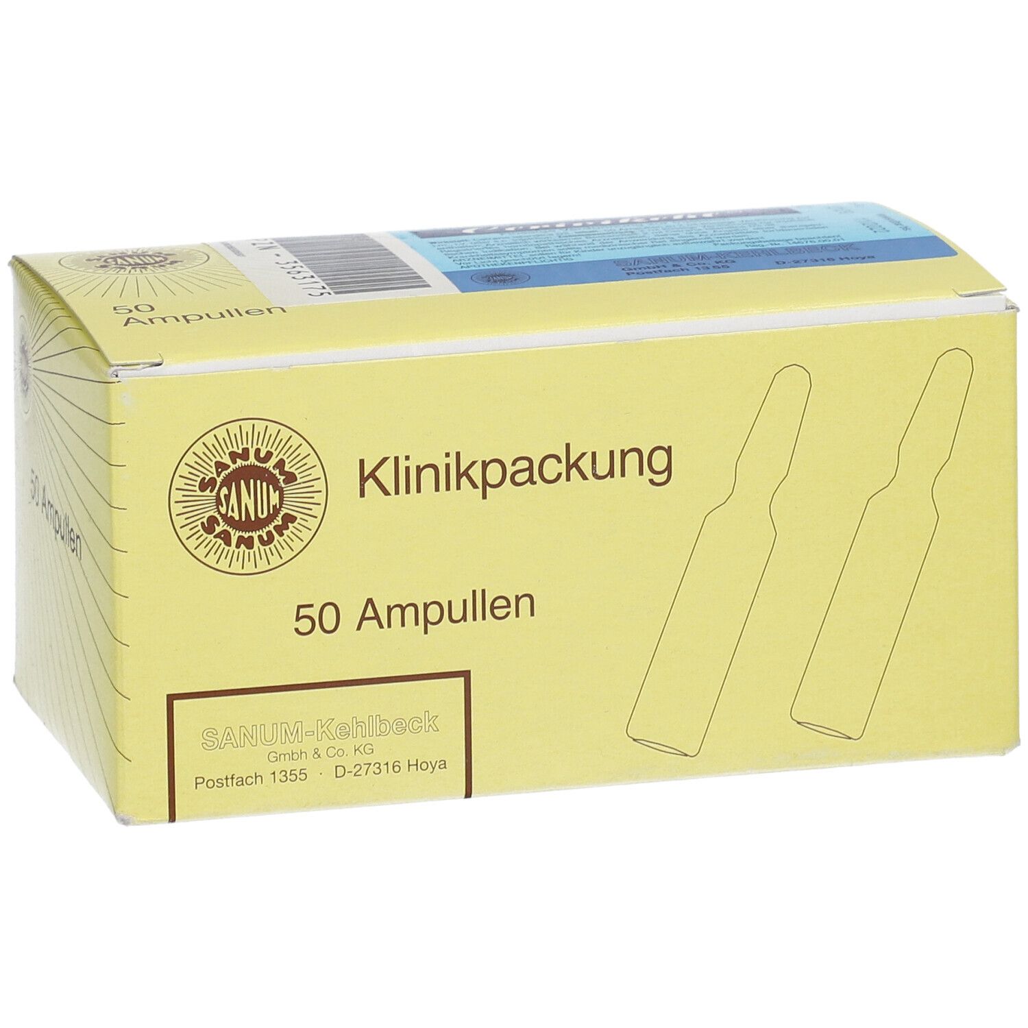 Gelbe Schachtel mit Aufschrift 'Klinikpackung' und '50 Ampullen'. Logo und Ampullen-Illustrationen.