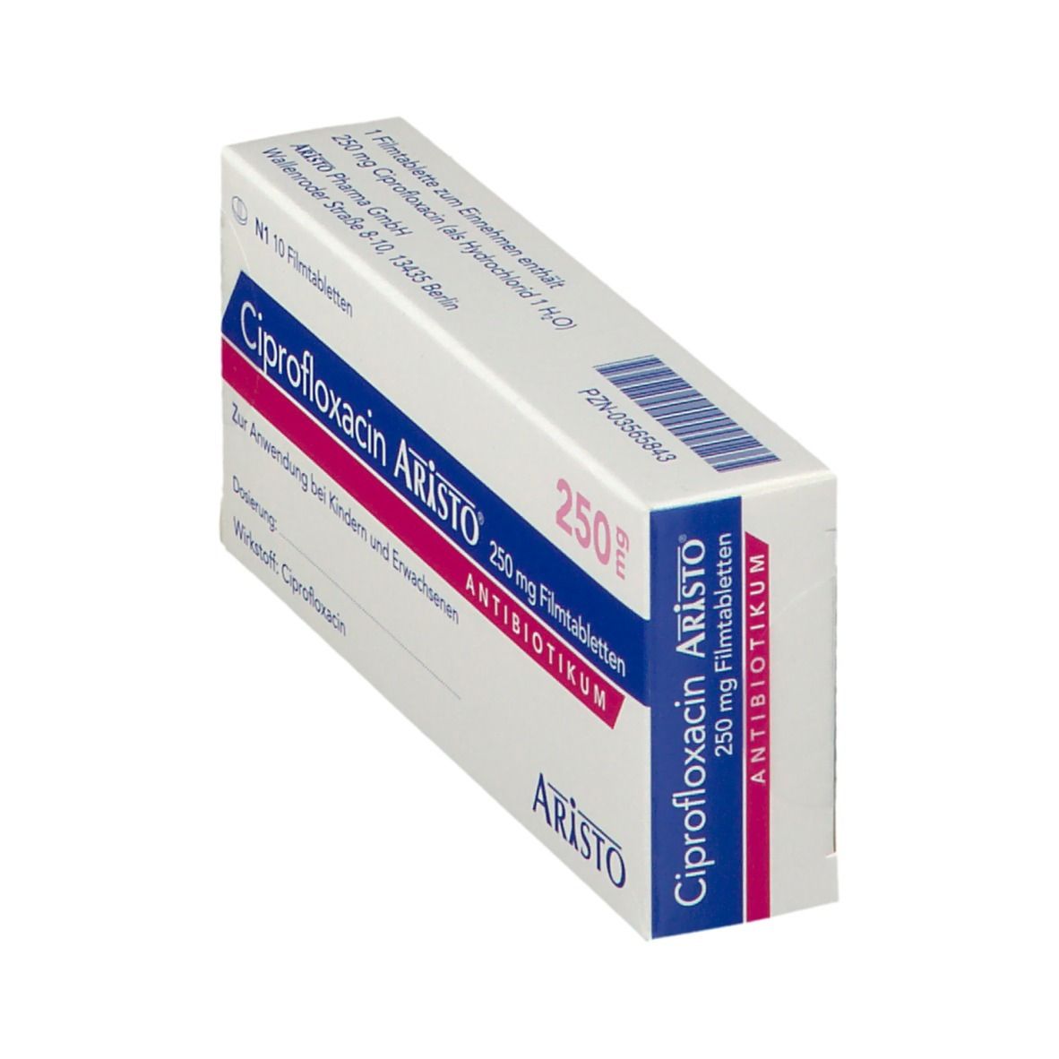 Packung Ciprofloxacin Aristo 250 mg Filmtabletten, 10 Stück, von der Seite, mit PZN.