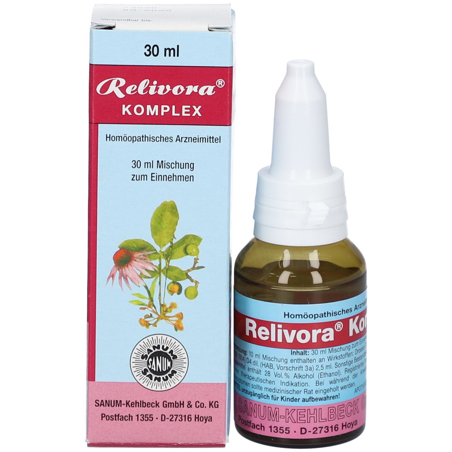 Verpackung und Flasche von Relivora® Komplex Tropfen, 30 ml.