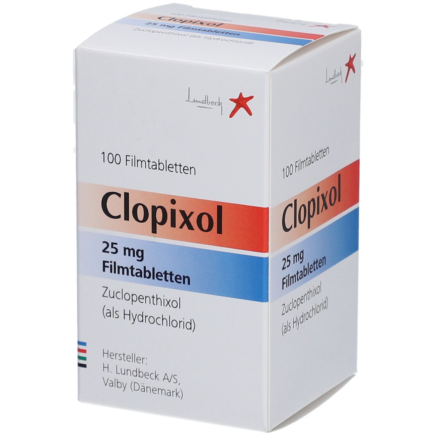Weiße Schachtel mit Clopixol 25 mg. Aufschrift: 100 Filmtabletten. Hersteller: H. Lundbeck A/S.