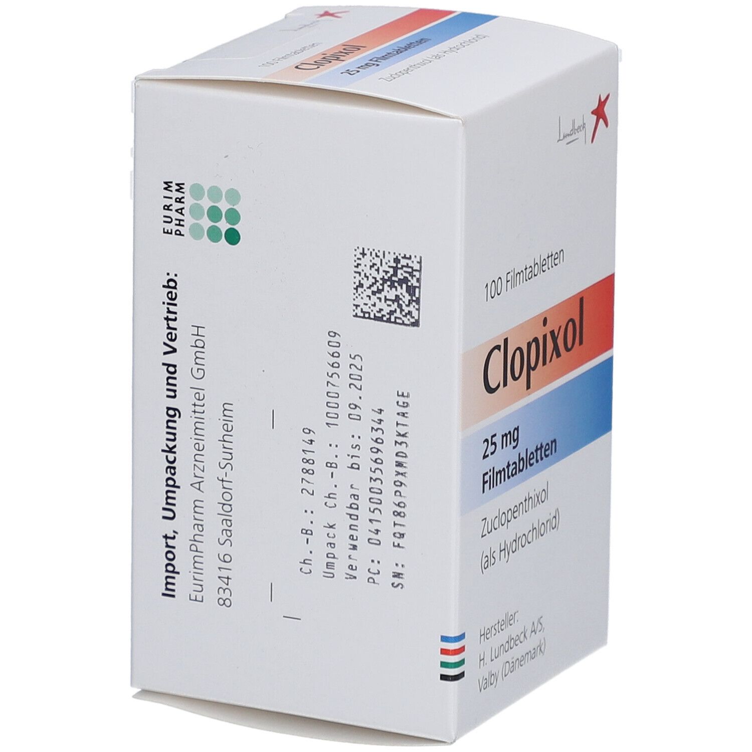 Weiße Schachtel Clopixol 25 mg. Aufschrift: 100 Filmtabletten. Hersteller: H. Lundbeck A/S. Rückseite mit Informationen.