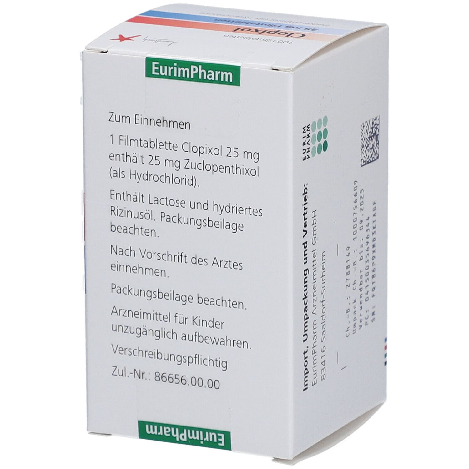 Weiße Schachtel Clopixol 25 mg. Aufschrift: Zum Einnehmen. Rückseite mit Informationen und QR-Code.
