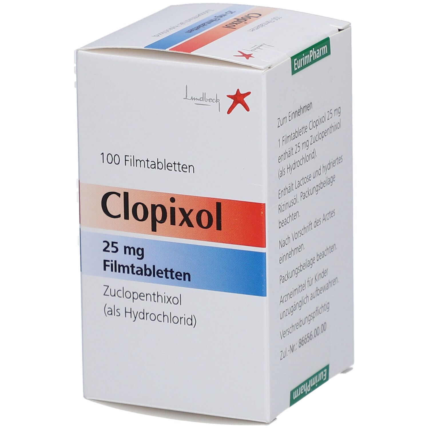 Weiße Schachtel Clopixol 25 mg. Aufschrift: 100 Filmtabletten. Hersteller: H. Lundbeck A/S. Vorderansicht.
