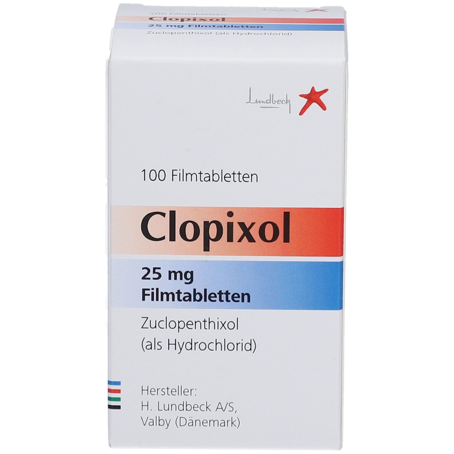 Weiße Schachtel Clopixol 25 mg. Aufschrift: 100 Filmtabletten. Hersteller: H. Lundbeck A/S. Vorderansicht.