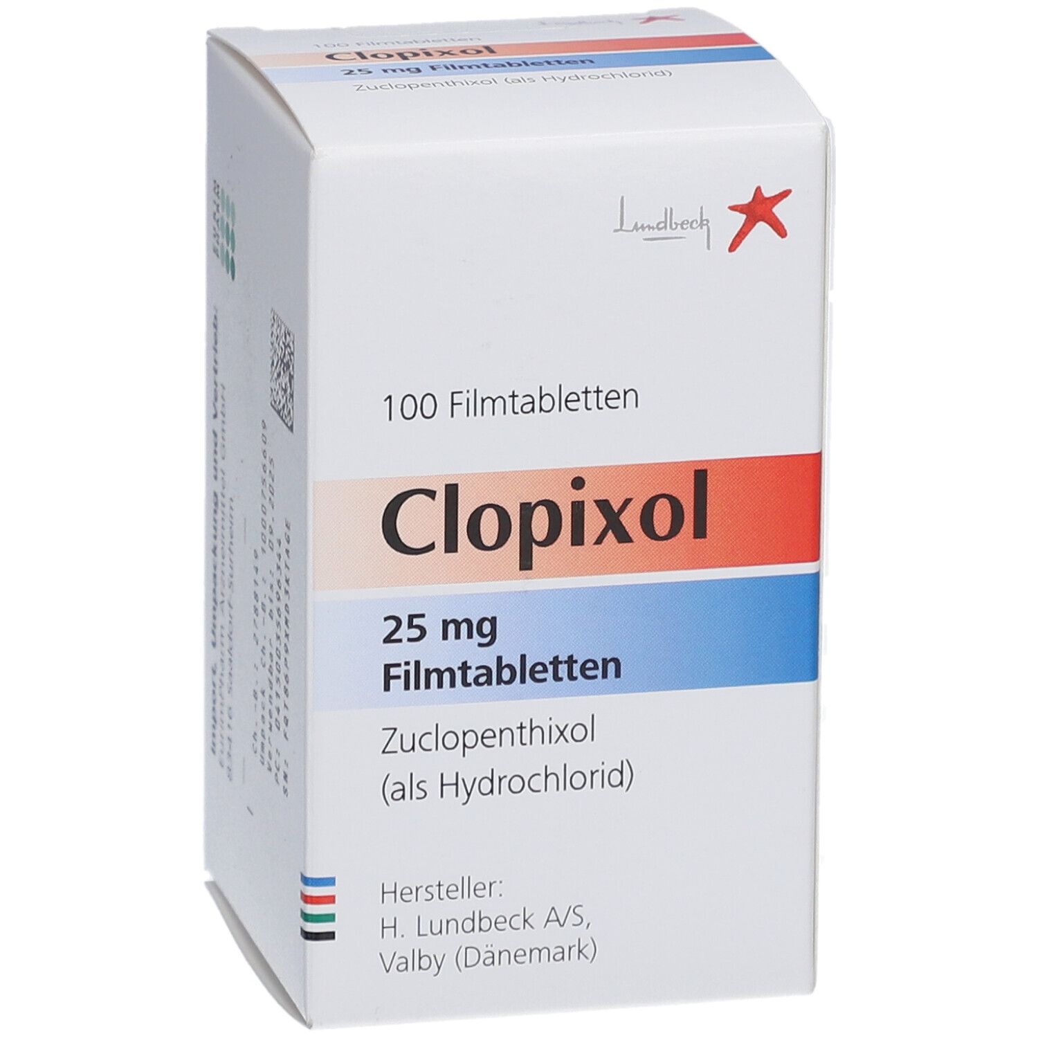 Weiße Schachtel Clopixol 25 mg. Aufschrift: 100 Filmtabletten. Hersteller: H. Lundbeck A/S. Vorderansicht.