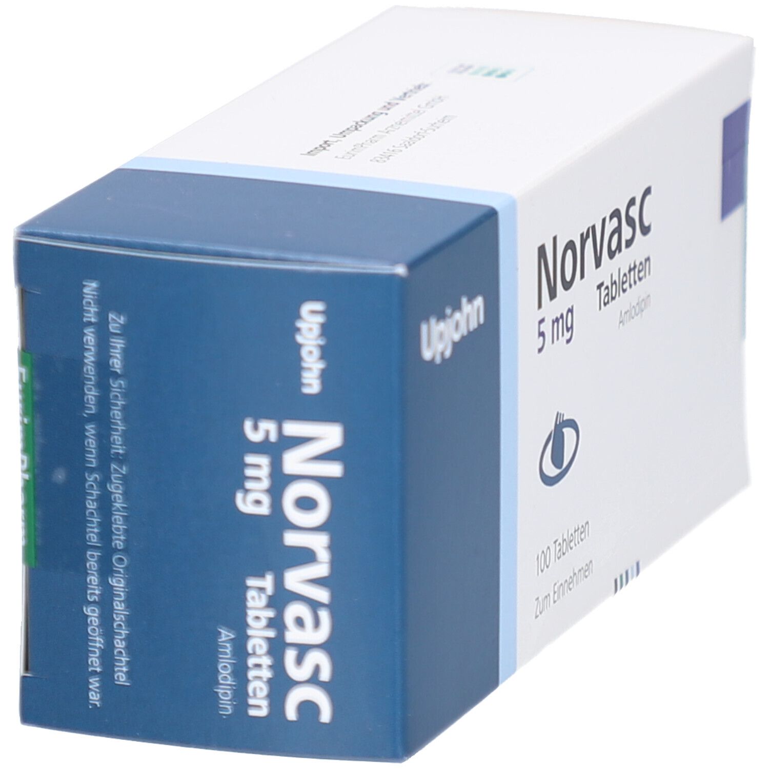 Schachtel mit Norvasc 5 mg Tabletten. Aufschrift: Norvasc 5 mg, Tabletten, Amlodipin. Upjohn-Logo. Blaue und weiße Verpackung.