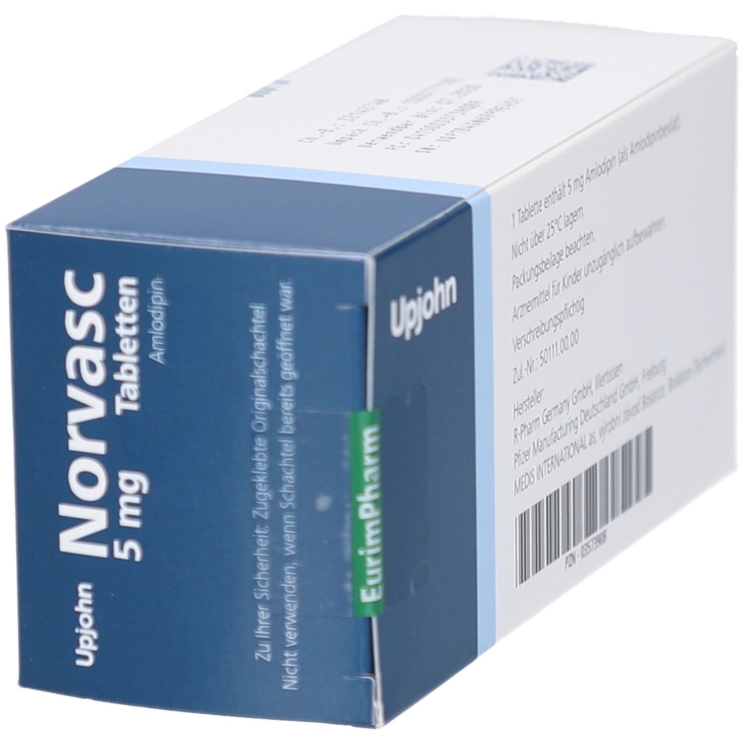 Schachtel mit Norvasc 5 mg Tabletten. Aufschrift: Norvasc 5 mg, Tabletten, Amlodipin. Upjohn-Logo. Blaue und weiße Verpackung.