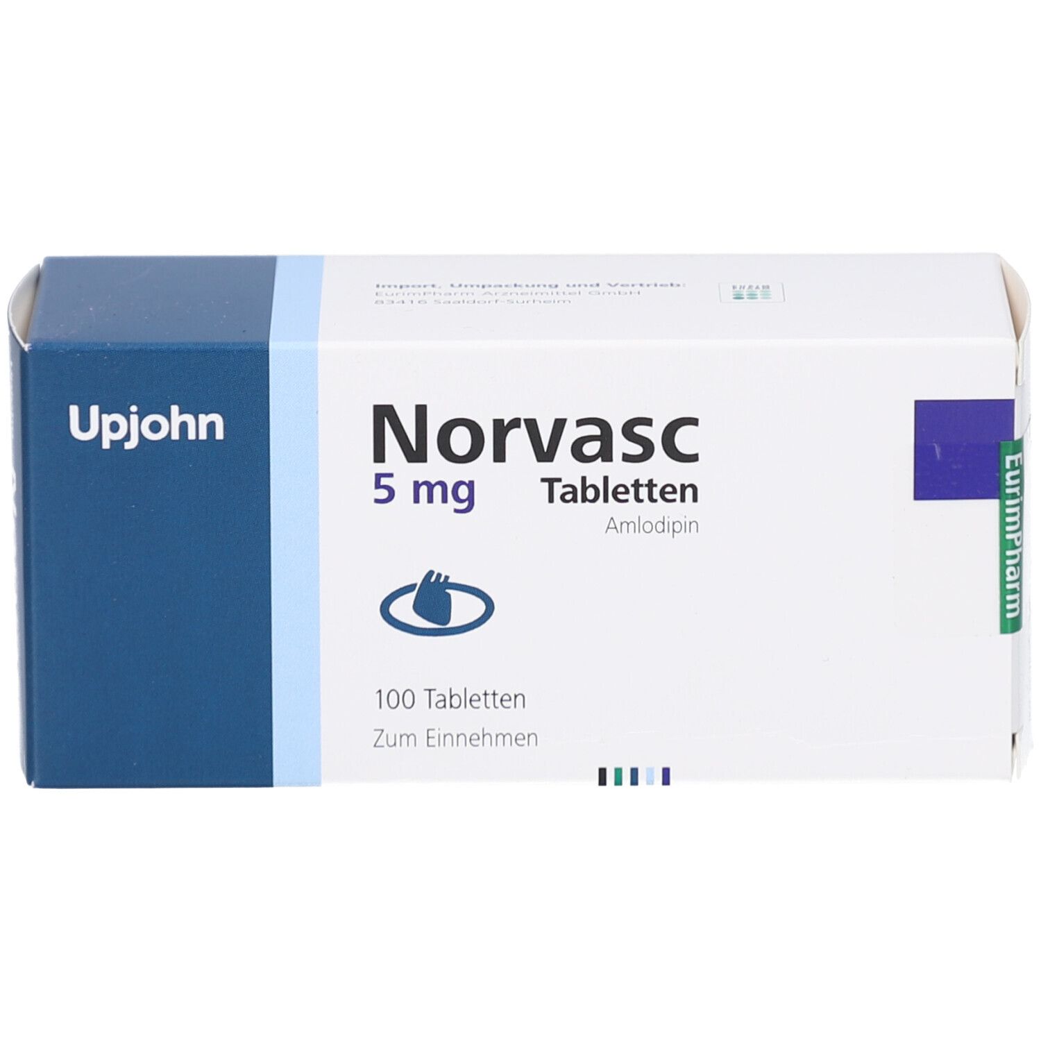 Schachtel mit Norvasc 5 mg Tabletten. Aufschrift: Norvasc 5 mg, Tabletten, Amlodipin. 100 Tabletten. Upjohn-Logo.