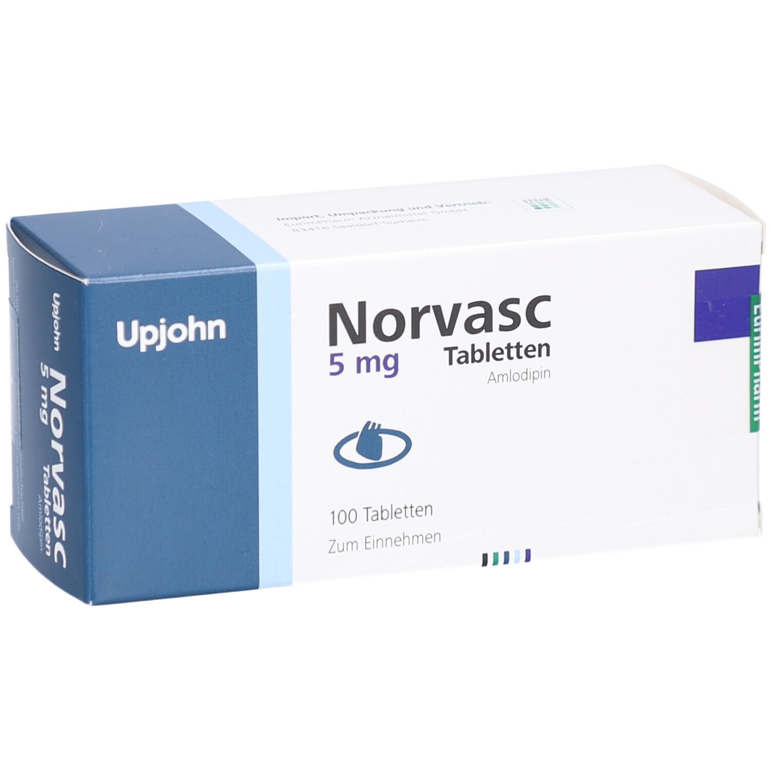 Schachtel mit Norvasc 5 mg Tabletten. Aufschrift: Norvasc 5 mg, Tabletten, Amlodipin. Upjohn-Logo. Blaue und weiße Verpackung.