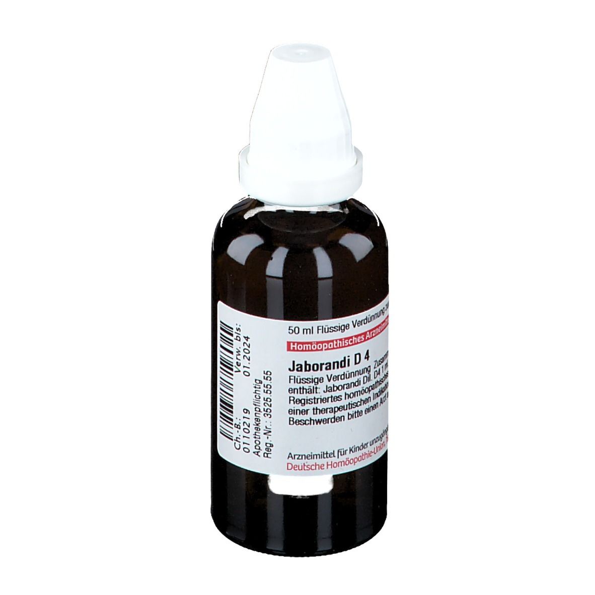 Braune Glasflasche mit weißem Verschluss. Beschriftung: DHU Jaborandi D4. 50 ml Flüssige Verdünnung.