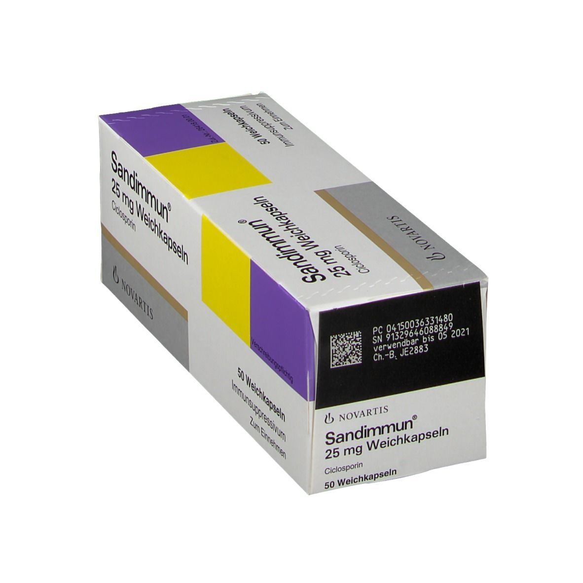 Sandimmun 25 mg Weichkapseln-Packung. 50 Kapseln. Hersteller Novartis. Aufschrift: Ciclosporin. Verpackung schräg.