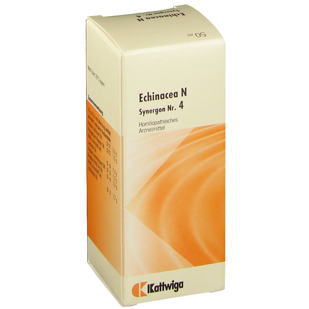 Produktverpackung mit Produktnamen Echinacea N Synergon Nr. 4. Homöopathisches Arzneimittel. Logo Kattwiga.