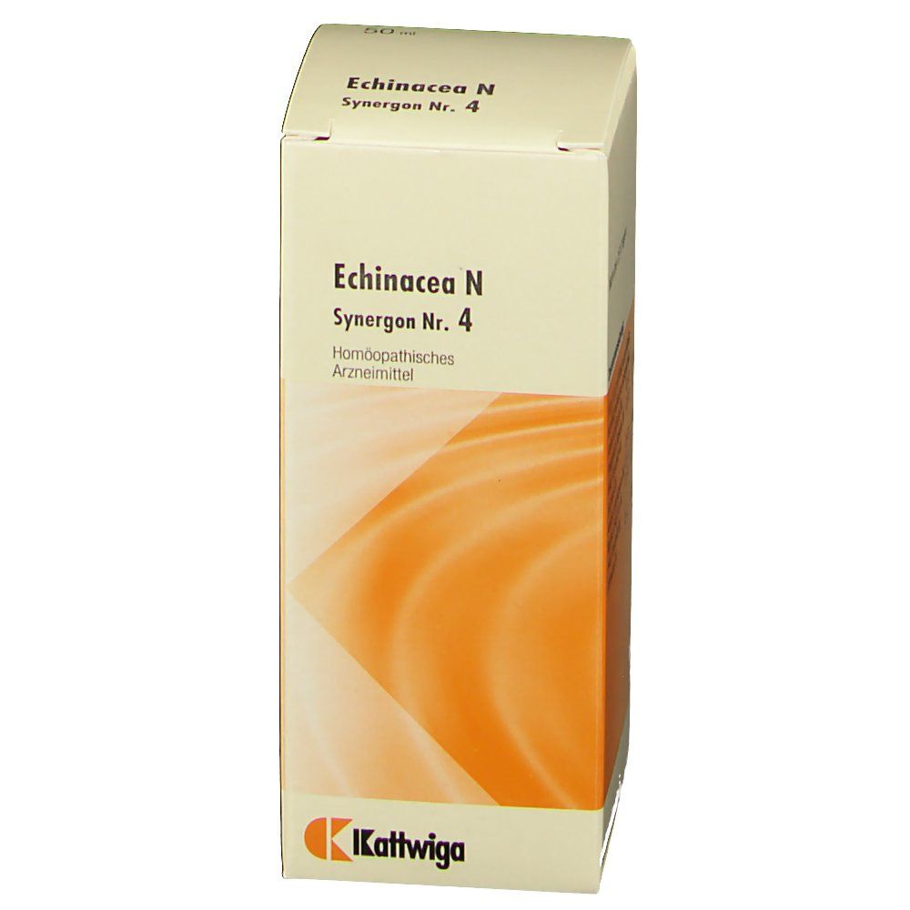 Produktverpackung mit Produktnamen Echinacea N Synergon Nr. 4. Homöopathisches Arzneimittel. Logo Kattwiga.