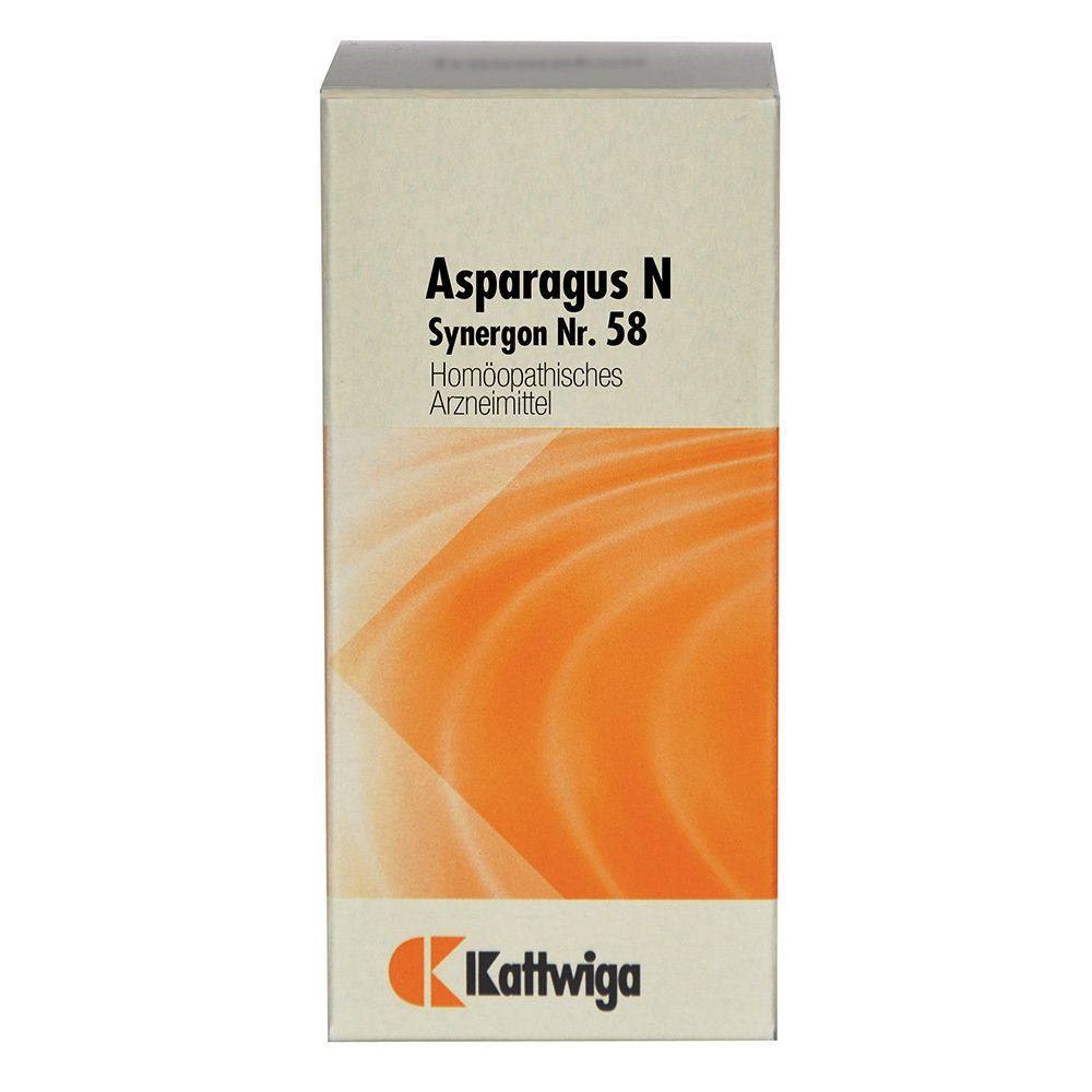 Karton mit Produktaufdruck. Aufschrift: Asparagus N Synergon Nr. 58, Homöopathisches Arzneimittel. Marke: Kattwiga.
