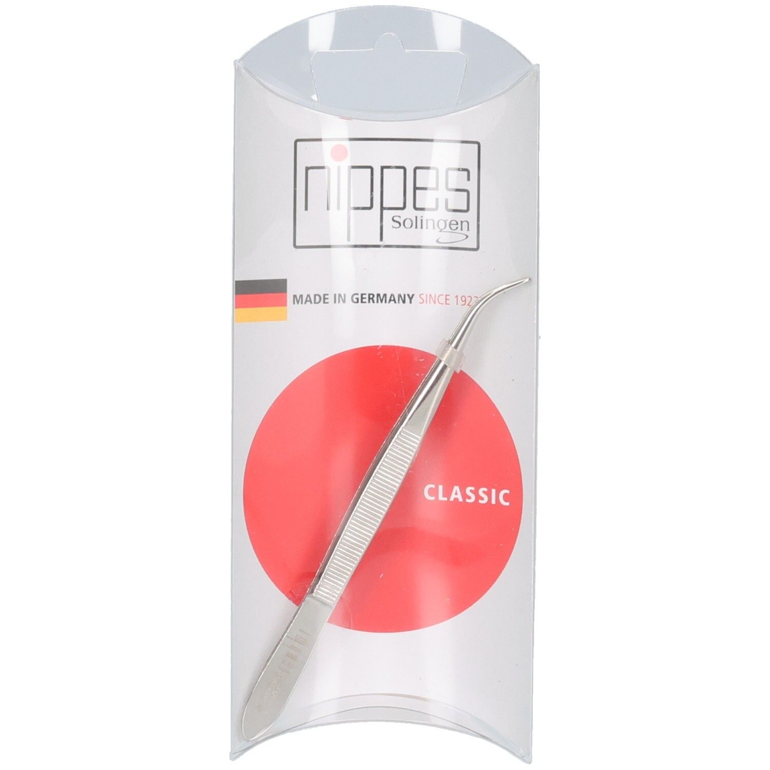 Zeckenpinzette in transparenter Verpackung. Silberfarbenes Metall, gebogen. Roter Kreis mit weißer Schrift: CLASSIC.