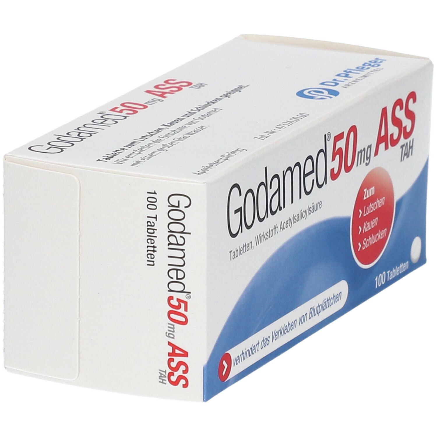 Godamed 50mg ASS TAH-Packung. Enthält 100 Tabletten. Aufschrift: Zum Lutschen, Kauen, Schlucken. Wirkstoff: Acetylsalicylsäure.